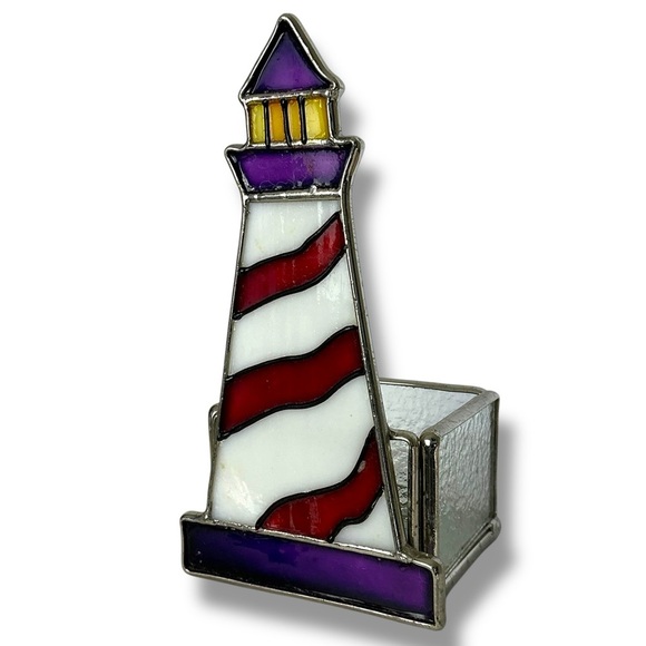Stained Glass Lighthouse Candle Holder Glass Art Decor Purple Red Yellow 6” - Picture 4 of 16
